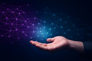 Hand reaching out to glowing data points, symbolizing AI technology's impact on marketing in a purple and black background