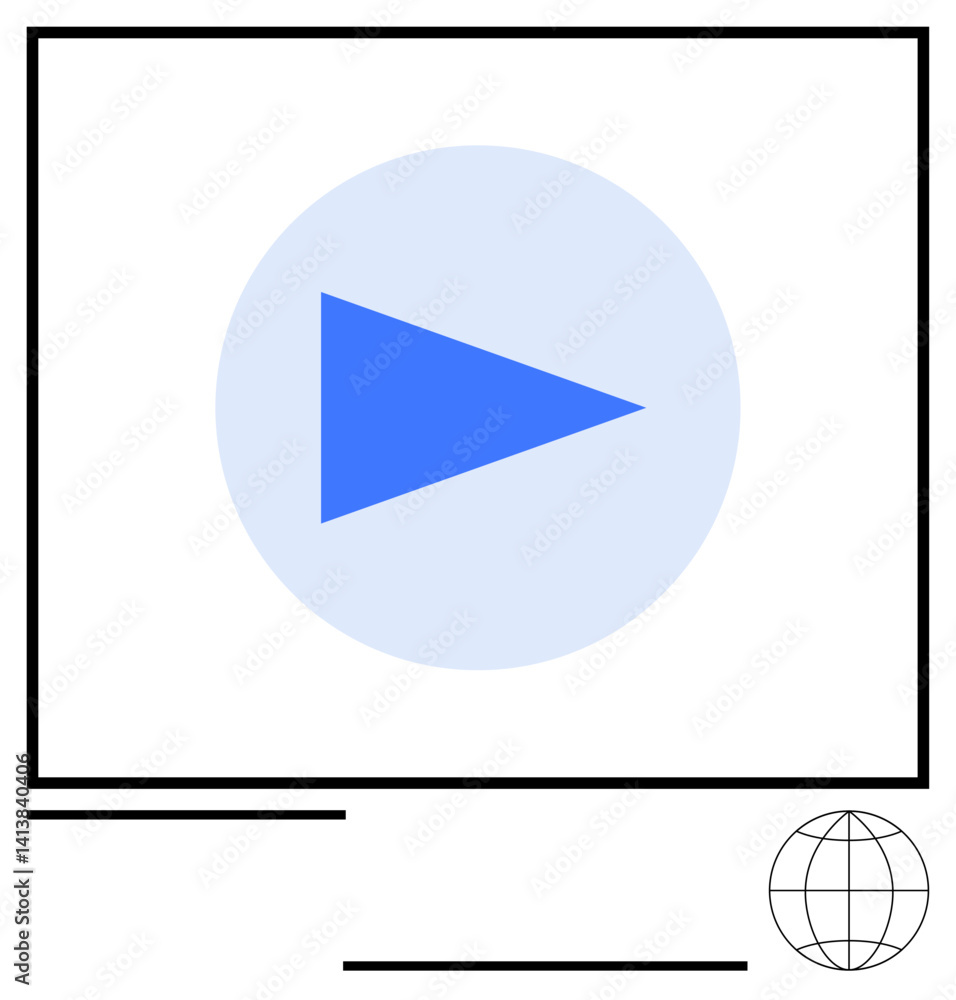 Poster large blue play button in a circular frame on a screen with a globe icon. ideal for streaming, video