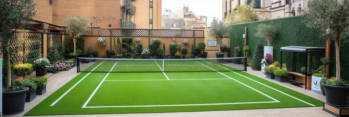 Rooftop tennis court with lush landscaping