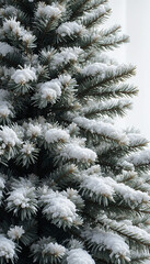Softly falling snow delicately coats blue spruce branches winter scene. AI Generated