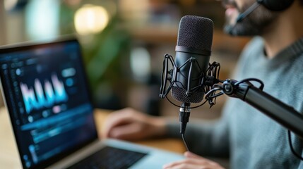 A person planning podcast content with a notebook and laptop