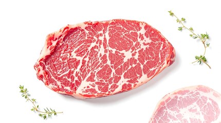 High-Quality Raw Marbled Beef Steak Cut on White Background with Garnish