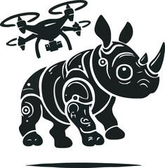 stylized rhinoceros, tribal patterns, black silhouette, swirling designs, geometric shapes, drone hovering above, side view, contrasting white background, detailed illustration, symbolic art, minimali
