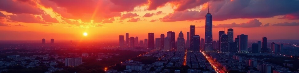 Fototapeta premium Warm sunset hues paint urban skyline, textured buildings, evening scene, view, twilight