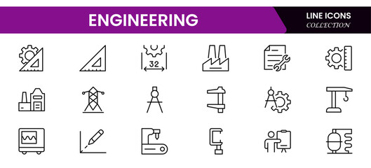 Engineering and manufacturing line icons collection. Big UI icon set in a flat design. Thin outline icons pack.