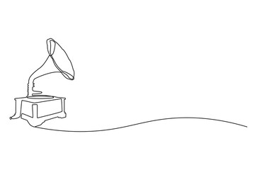Continuous one line drawing of old retro analog gramophone. Single line drawing illustration analog vinyl gramophone with box. Vintage music concept vector art. Doodle line illustration.