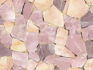 A colorful mosaic of irregular stone tiles in shades of pink, cream, and gray, showcasing a textured and artistic surface.