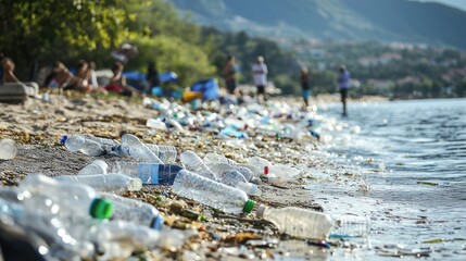 A beach cleanup event with people gathering plastic bottles
