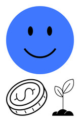Blue happy face above dollar coin and sprouting plant, representing prosperity and well-being. Ideal for finance, environment, optimism, investment, sustainability, positivity, simple landing page