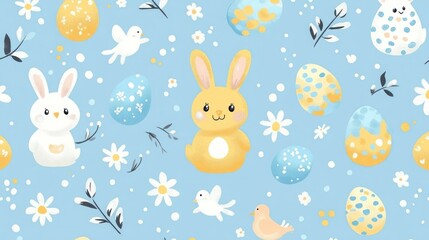 Cute Easter pattern with bunnies, eggs, birds, and flowers