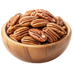 Fototapeta premium Pecans in a wooden bowl on a clean Transparent background for a fresh and natural look, Pecans in wood bowl on PNG background
