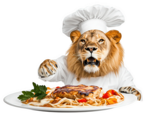 lion chef wearing white apron and chef hat proudly presents delicious plate of pasta with grilled chicken and vegetables, showcasing culinary skills and creativity