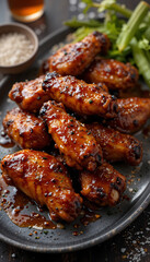 Fototapeta premium Delicious glazed chicken wings gleam invitingly under warm light.. AI Generated