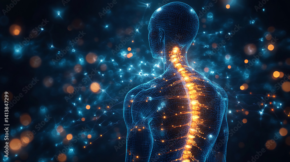 Poster human anatomy visualization with glowing neural network and spine represented in digital wireframe m