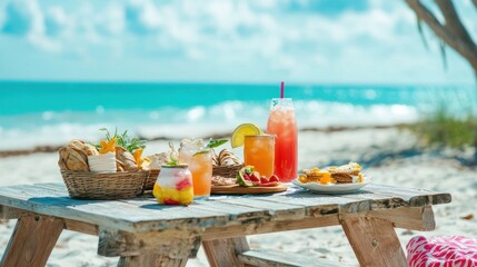 A picnic table on a beach with refreshing drinks and beach-themed snacks