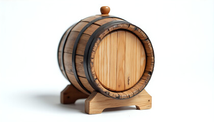 A mockup of A wooden barrel sitting on top of a wooden stand.
