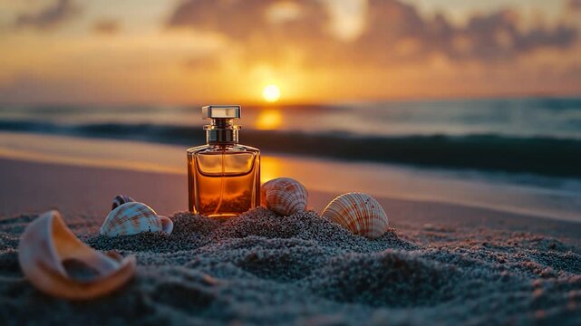 Perfume bottle on beach at sunrise