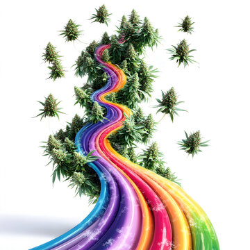 Winding rainbow with marijuana weed buds on both sides isolated on white background 