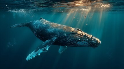 Naklejka premium Majestic Humpback Whale Swimming in Sunlit Ocean Depths