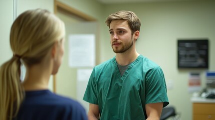 A physical therapist assisting a patient with an exercise in a clinic