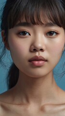 Fototapeta premium Beautiful young Asian woman model with bangs and natural makeup on face clean fresh skin on isolated blue background. 