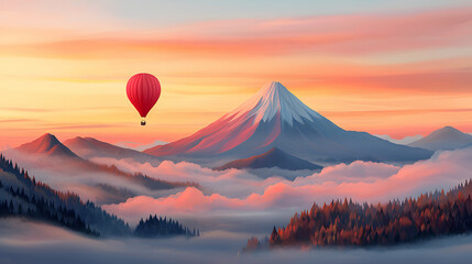 Pixelated Mountain Landscape with Red Hot Air Balloon at Sunset Serene Scenic View