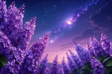 Naklejka premium Dreamy Night Sky with Violet Lilac Blossoms and Celestial Beauty