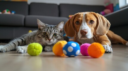 A cute dog and cat playing with toys on the floor