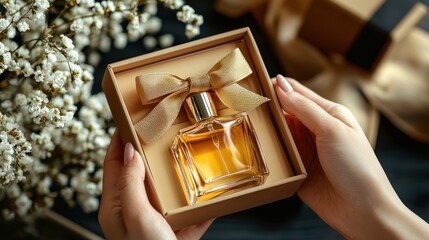 woman holding a gift box of perfume 