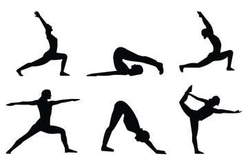 silhouettes of yoga poses black silhouette of women gymnastics girl silhouette. Silhouette Yoga Pose by Woman. Aesthetic yoga pose vector with healthbody.