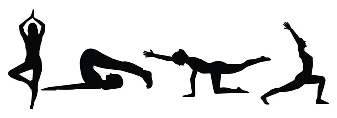 silhouettes of yoga poses black silhouette of women gymnastics girl silhouette. Silhouette Yoga Pose by Woman. Aesthetic yoga pose vector with healthbody.