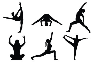 Fototapeta premium silhouettes of gymnastic poses black silhouette of asport women gymnastics girl. silhouettes of yoga pose.