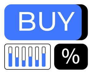 Large blue Buy button, progress bar with filled segments, percentage symbol. Ideal for e-commerce, marketing, transactions, analytics, sales, financial growth flat simple metaphor