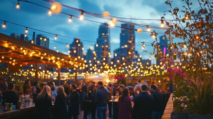 Obraz premium A vibrant rooftop party with people enjoying drinks and city skyline views