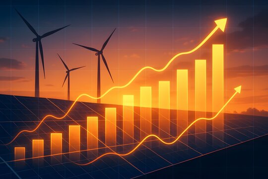 Photovoltaic power station with double exposure of digital financial chart graphs and stock market. Increase or rising in electricity prices on the world market. Green energy in full development