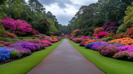 Serene garden path with vibrant flowers and dreamy blurred background