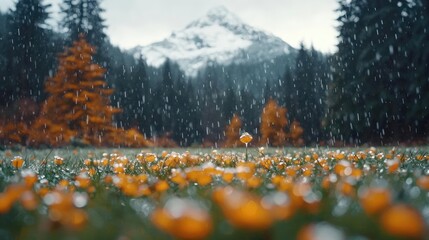 Serene mountain landscape with vibrant orange flowers in full bloom