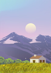 Houses on mountain green valley landscape vector illustration background. Summer season scenic view outdoor.