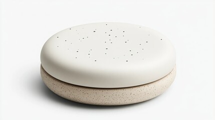 Two-toned, round ceramic object with speckled texture
