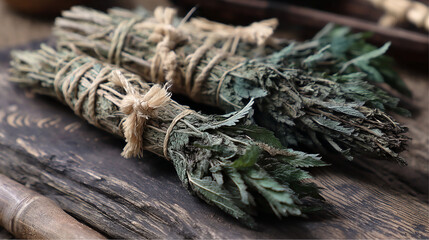 Yomogi mugwort leaves bundled earthy green rustic tea