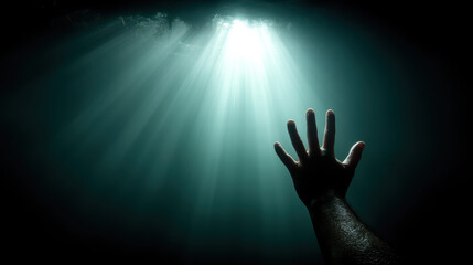 hand reaches towards bright light in dark, mysterious setting