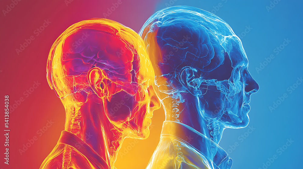 Poster abstract human anatomy artwork featuring head and brain with red and blue color scheme on isolated b