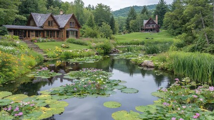 Tranquil pond landscape rustic cabin serene nature scene eco tourism vacation rental