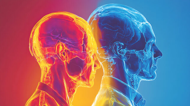 Abstract Human Anatomy Artwork Featuring Head And Brain With Red And Blue Color Scheme On Isolated Background Representing Two Minds