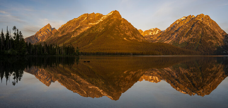 USA, Wyoming. Panoramic landscape of Mount Woodring and St. John from Leigh Lake, Grand Teton NP