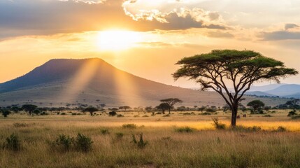 Naklejka premium African savanna landscape with expansive plains and diverse wildlife