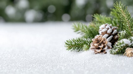 Winter wonderland scene with pine branches and snow-covered pine cones