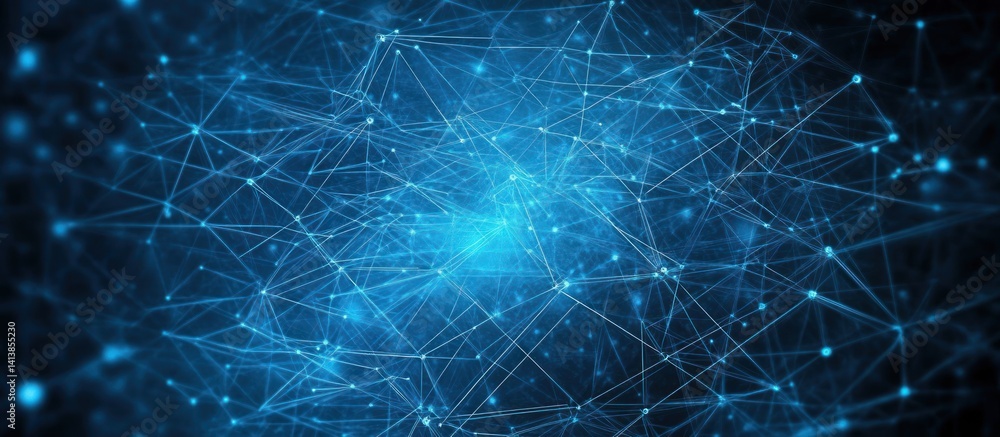 Poster an intricate network of blue glowing connections and nodes forming a complex web representing data f