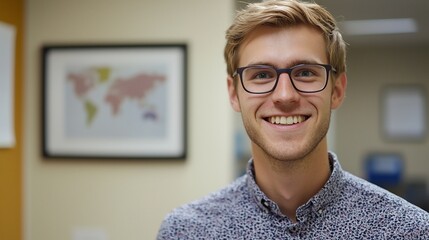 Smiling young man with glasses, in a room with a world map