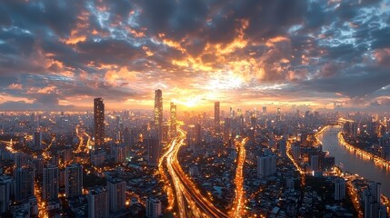 Fototapeta premium Golden Hour Cityscape Dramatic Skyline and River at Sunset